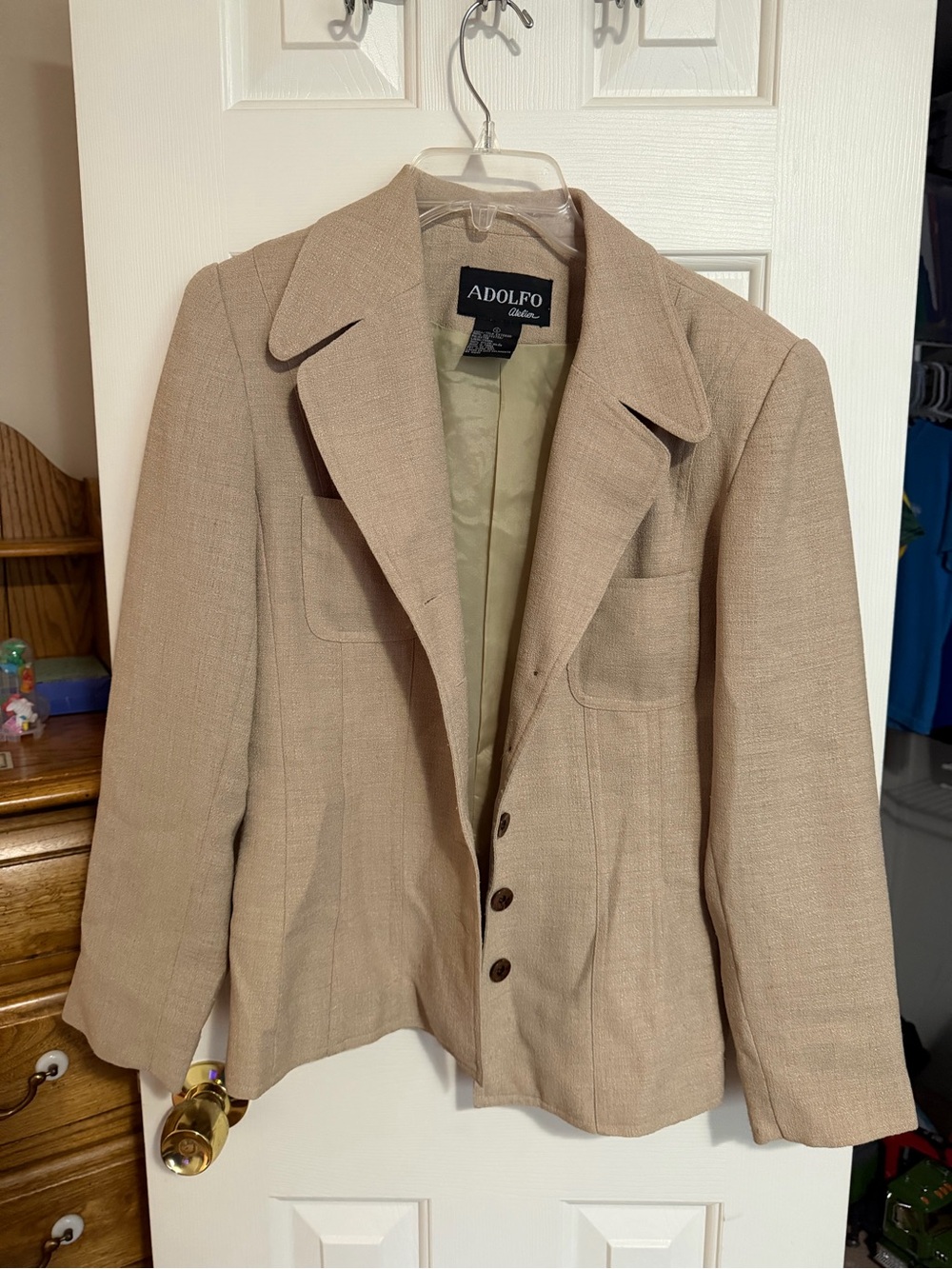 Adolfo Tan Linen-Blend Blazer with Notched Lapel